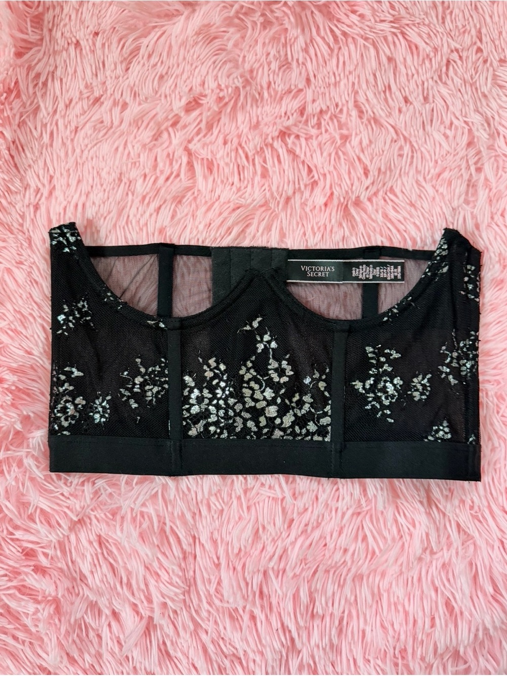 black Victoria's Secret sheer floral lace underbust corset w/ silver embroidery
